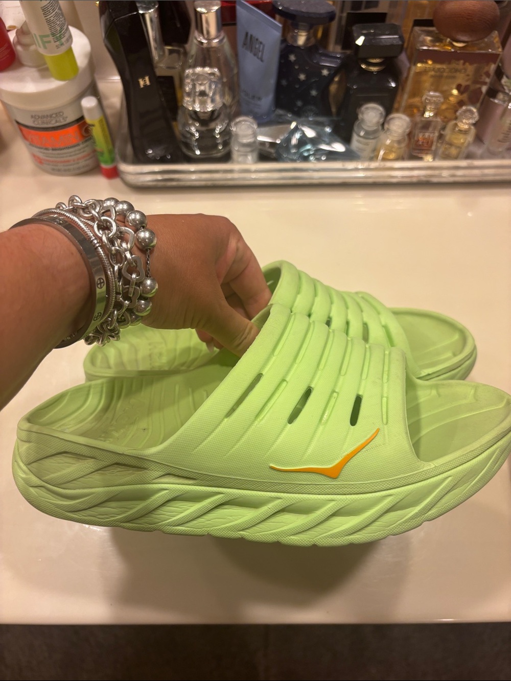 Hoka one one recovery ❤️‍🩹 Neon Lime Slip-On Slide Sandals with Orange Accent